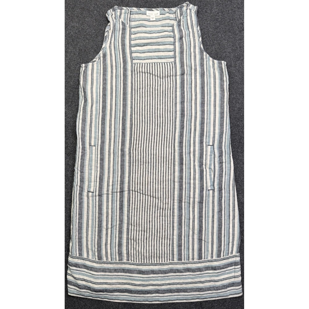 Love Linen J. Jill Striped Linen Shift Dress Blue Gray Sleeveless Midi Pockets S